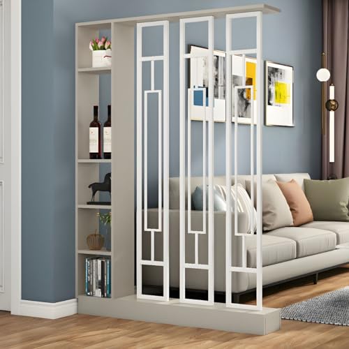 Wand-Raumteiler, modernes Bücherregal aus Holz mit durchscheinenden Bildschirmen und Mehreren Regalen, Aufbewahrungsschrank-Display für das dekorative Home-Office, 47" L x 80" H, Khaki-Grau-Weiß Wand-Raumteiler, modernes Bücherregal aus Holz mit durchscheinenden Bildschirmen und Mehreren Regalen, Aufbewahrungsschrank-Display für das dekorative Home-Office, 47" L x 80" H, Khaki-Grau-Weiß von MESCXTY