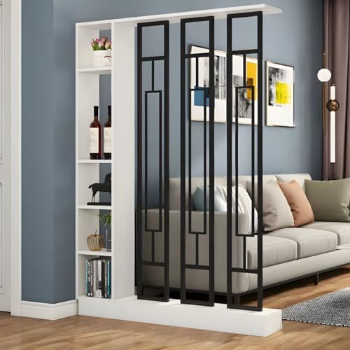 Wand-Raumteiler, modernes Bücherregal aus Holz mit durchscheinenden Bildschirmen und Mehreren Regalen, Aufbewahrungsschrank-Display für das dekorative Home-Office, 47" L x 80" H, Weiß-Schwarz von MESCXTY