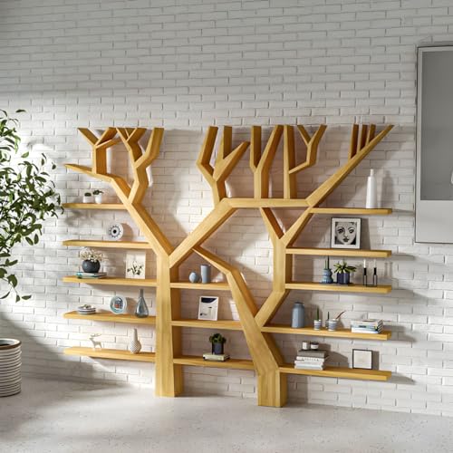 Wandmontiertes Bücherregal aus Holz, modernes Baumdesign mit 28 Regalen und offener Rückseite in vertikaler Ausführung für Wohnzimmer, Büro und Schlafzimmer – Natur, 139,7 cm L x 20,3 cm B x 200,3 cm von MESCXTY