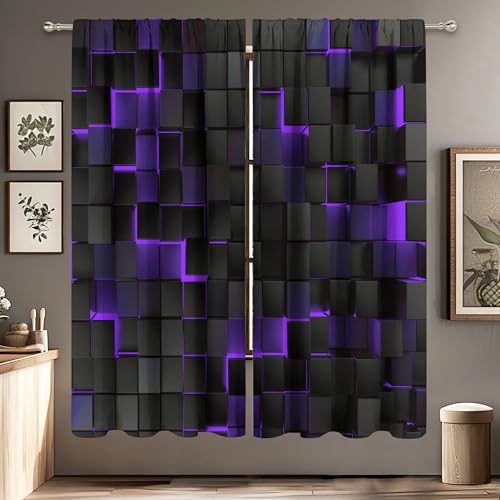 MESHELLY Abstrakte schwarz-violette Vorhänge, 106 x 160 cm (B x H), Stangentasche, modernes 3D-Farbverlauf-Design, futuristisch, geometrische Würfel, Schlafzimmer, Fenstervorhänge, Mann, Jungen, von MESHELLY