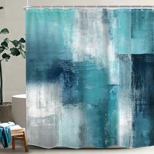 MESHELLY Abstrakter blaugrüner Duschvorhang, 72 x 72 cm (B x H), Türkis, Aquamarin, modernes Ölgemälde, zeitgenössischer Badezimmervorhang, schlicht, für Herren, neutraler und cooler Badvorhang von MESHELLY