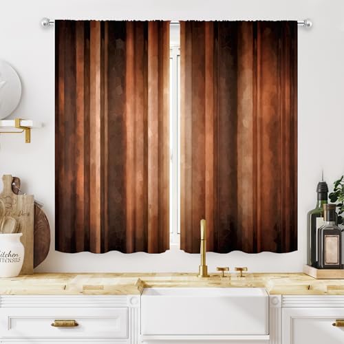 MESHELLY Braune Küchenvorhänge, 70 x 99 cm (B x H), Stangentasche, Vintage, Rost, Orange, Küchendekoration, Kupfer, Hellbraun, gealterte Bronze, Café-Vorhänge, einfache Erdstreifen, Kunstdruck, kleine von MESHELLY