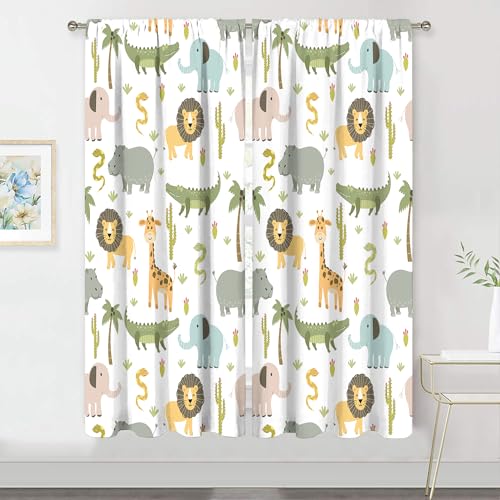 MESHELLY Vorhänge für Kinderzimmer, Safari-Tiere, 74 cm (B) x160 cm (H) Stangentasche, Baby, Jungen, Kinder, Wald, Dschungel, Löwe, Elefant, Bedruckte Vorhänge für Wohnzimmer, Stoff, 2 Vorhänge von MESHELLY