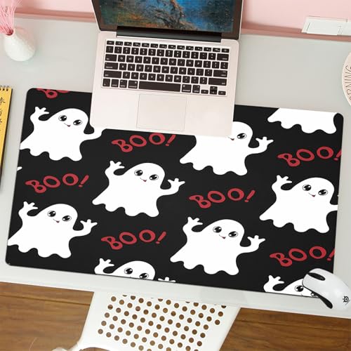 MESHIZIY Mauspad (400 × 900 MM) Verlängertes großes Mauspad Schreibtischauflage, rutschfeste Gummibasis, Gaming-Mauspad XLHalloween nahtloses Muster mit niedlichen Geistern und Text Boo. Handgezeic von MESHIZIY