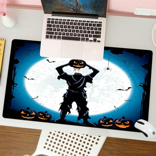 MESHIZIY Mauspad (400 × 900 MM) Verlängertes großes Mauspad Schreibtischauflage, rutschfeste Gummibasis, Gaming-Mauspad XLMonster mit Kopf eines Halloween-Kürbisses, Blauer Nachthintergrund mit Vol von MESHIZIY