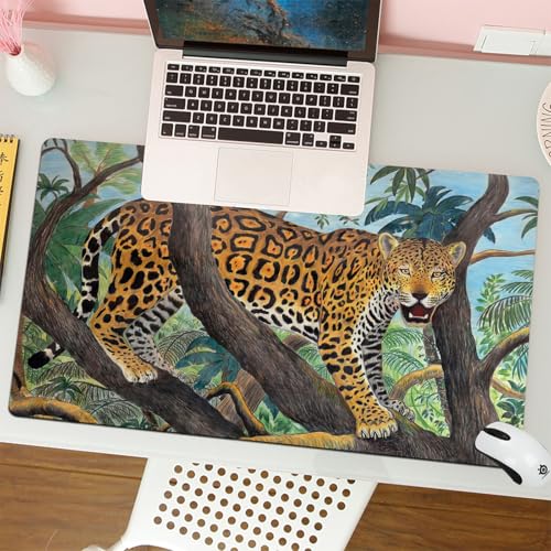 MESHIZIY Mauspad (400 × 900 MM) Verlängertes großes Mauspad Schreibtischauflage, rutschfeste Gummibasis, Gaming-Mauspad XLPastellzeichnung eines Jaguars im Dschungel von MESHIZIY