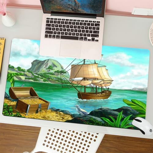 MESHIZIY Mauspad (400 × 900 MM) Verlängertes großes Mauspad Schreibtischauflage, rutschfeste Gummibasis, Gaming-Mauspad XLPirat, exotische Küste mit Schatzkiste voller Gold altes Schiff Tropic Natu von MESHIZIY