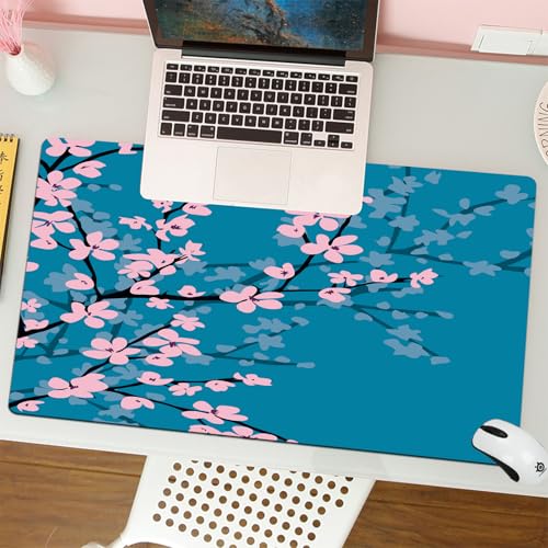 MESHIZIY Mauspad (400 × 900 MM) Verlängertes großes Mauspad Schreibtischauflage, rutschfeste Gummibasis, Gaming-Mauspad XLRosa blaugrüne Blüten in der Nähe, japanische pr Sakura Blumen von MESHIZIY