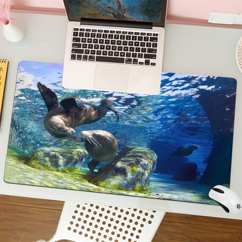 MESHIZIY Mauspad (400 × 900 MM) Verlängertes großes Mauspad Schreibtischauflage, rutschfeste Gummibasis, Gaming-Mauspad XLVerspielte Kalifornische Seelöwen Schwimmen in Agua Clara TEM von MESHIZIY