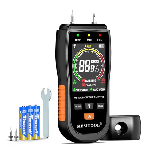 Holzfeuchtemessgerät – Präzises Feuchtigkeitsmessgerät für Holz, Wände und Baustoffe, LCD-Display, Hintergrundbeleuchtung, Ersatzstifte, Ideal für Bauprojekte und Heimwerker (‎MT19C) von MESITOOL