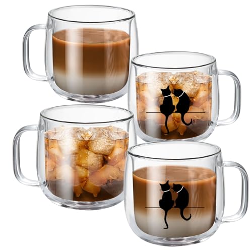 MESNEY Doppelwandige Kaffeegläser, Latte Macchiato Gläser 300ml, 4er Becherset, Isolierte Teetasse mit Katzenmotiv, Hitzebeständiges Borosilikatglas, Perfekt für Cappuccino, Kaffee, Tee von MESNEY