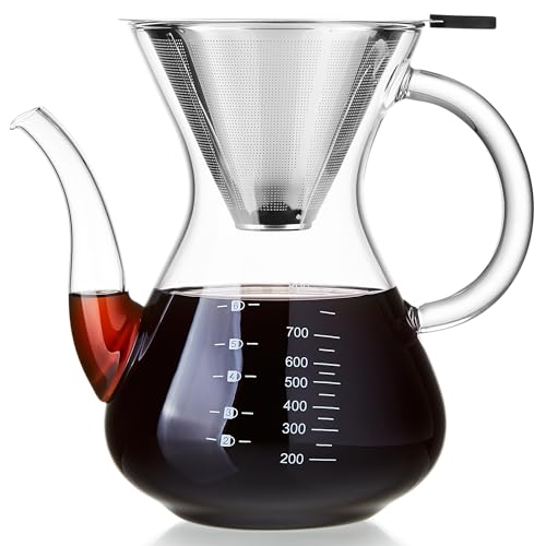 Pour Over Kaffeebereiter, MESNEY Kaffeekanne 800ml, Glas Kaffeebereiter mit Edelstahlfilter, Wiederverwendbarer Permanentfilter, Hitzebeständiges Borosilikatglas, Tropffreies Design für Kaffee und Tee von MESNEY