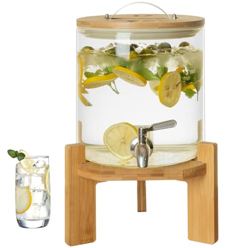 Getränkespender aus Glas mit Edelstahlhahn und Ständer, auslaufsicherer Getränkebehälter mit Deckel für Cocktails, Saft, Wasser und hausgemachte Teegetränke, 4 l Fassungsvermögen von MESOVFCA
