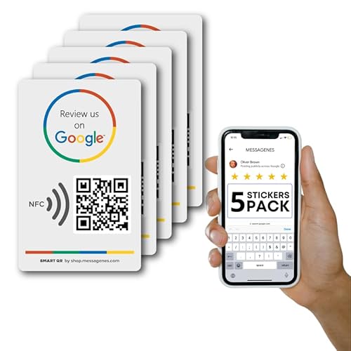 Google Review Aufkleber - QR & Tap NFC - 5er-Pack - Wiederverwendbarer QR-Code und NFC Review Sticker - iPhone & Android - Boosten Sie Business Reviews - Einrichtung zu Hause von MESSAGENES