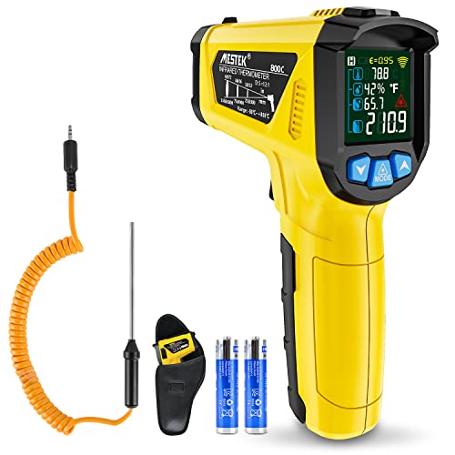 Infrarot Thermometer Laser MESTEK Temperaturmessgerät mit K-Sonde IR Pyrometer -50°C bis 800°C Berührungslos Farbe LCD Alarmfunktion Einstellbarer Emissionsgrad für Küche von MESTEK