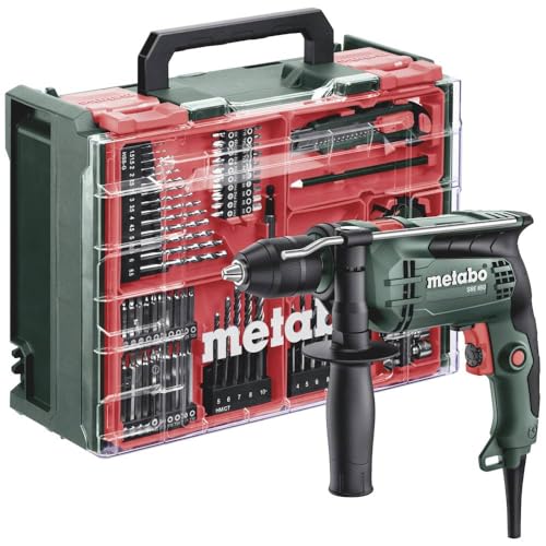 metabo Schlagbohrmaschine SBE 650 Set - 650 W, 10 Nm, inkl. 78-tlg. Zubehör im Koffer - Bohrmaschine für Beton, Holz, Stahl & Mauerwerk - Schnellspannbohrfutter, Rechts-/Linkslauf, Vario-Elektronik von metabo