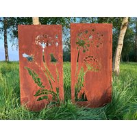 Hingucker Wunderschöne Stelen Löwenzahn 2Teilig Edelrost Hingucker Sichtschutz Mit Rahmen Erdspieße Sehr Stabil Rost Patina von METALLKUNSTHANDWERK