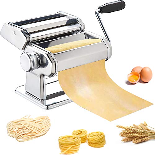 Nudelmaschine, METLUCK Edelstahl Nudelmaschine Manueller Roller Pasta Maker mit 7 Dickeneinstellungen für Spaghetti Linguine Fettuccine Lasagne Inklusive Teigschneider & Handkurbel von METLUCK