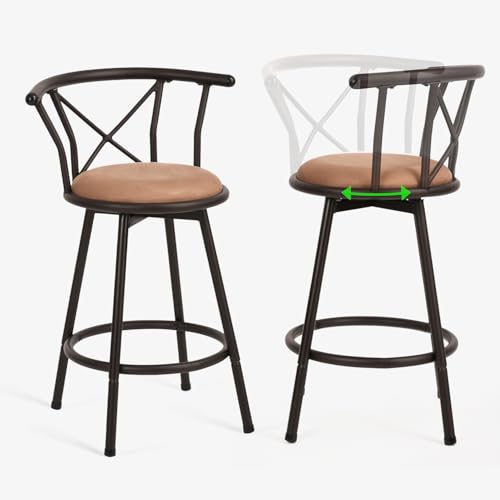 MEUBLE COSY Barhocker 2er Set Barstühle Drehbarer 63 cm hoch Drehstühle mit Fußstütze Lehne und Wildledersitz, für Esszimmer, Küche, Theke, Bar, Industriestil, Braun von MEUBLE COSY