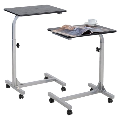 MEUBLE COSY Beistelltisch 2er Set Höhenverstellbar Sofatisch mit Rollen Laptoptisch Mobiler Kaffeetisch, Wohnzimmertisch C-Form, Klein Tisch mit Metallgestell, Schwarz + Grau von MEUBLE COSY