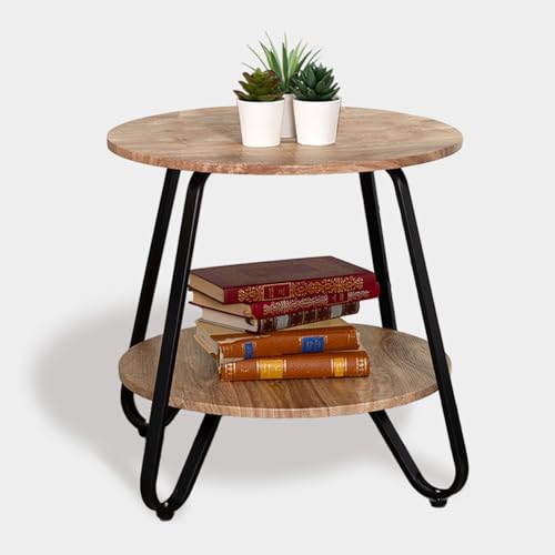 MEUBLE COSY Beistelltische Couchtisch Rund Nachttisch Wohnzimmertisch Sofatisch mit Ablageboden für Wohnzimmer Schlafzimmer, Industrie Design, Metallgestell, Eiche, Holz, 46x46x45cm von MEUBLE COSY