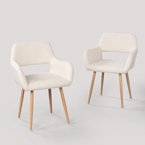 MEUBLE COSY Esszimmerstühle 2er Set Küchenstühle Sessel Wohnzimmerstuhl Polsterstuhl mit Armlehne Rückenlehne Sitzfläche aus Sherpa Metallbeine, Skandinavisch, Weiß von MEUBLE COSY