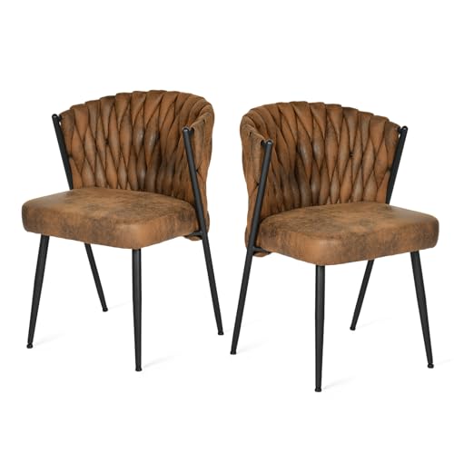 MEUBLE COSY Esszimmerstühle 2er Set mit Geflochtener Rückenlehne Küchenstuhl Polsterstuhl Sessel Bürostuhl aus Wildleder, Metallbeine, Beige von MEUBLE COSY