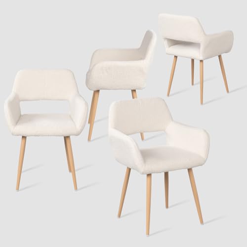 MEUBLE COSY Esszimmerstühle 4er Set Küchenstühle Sessel Wohnzimmerstuhl Polsterstuhl mit Armlehne Rückenlehne Sitzfläche aus Sherpa Metallbeine, Skandinavisch, Weiß von MEUBLE COSY