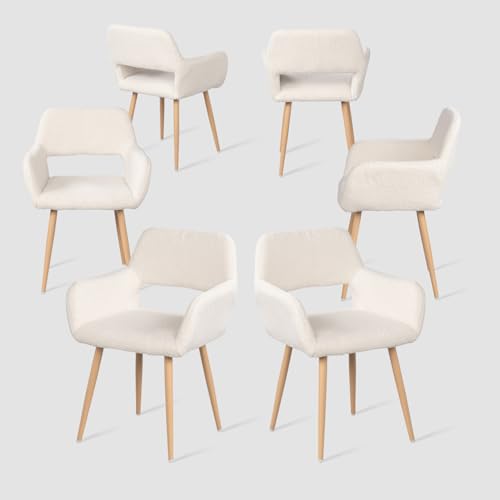 MEUBLE COSY Esszimmerstühle 6er Set Küchenstühle Sessel Wohnzimmerstuhl Polsterstuhl mit Armlehne Rückenlehne Sitzfläche aus Sherpa Metallbeine, Skandinavisch, Weiß von MEUBLE COSY