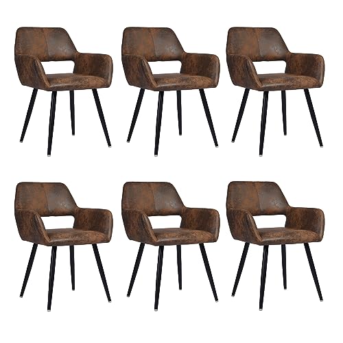 MEUBLE COSY Esszimmerstühle 6er Set Küchenstuhl Polsterstuhl mit Armlehne Sessel aus Vintage Künstlich Wildledersitz Wohnzimmerstuhl Metallbeine, Braun, 56x56x78cm von MEUBLE COSY