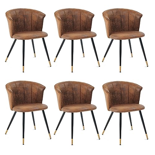 MEUBLE COSY Esszimmerstühle 6er Set Küchenstuhl Polsterstuhl mit Armlehne Sessel Vintage Künstlich Wildledersitz Metallbeine Braun + Goldfarben von MEUBLE COSY