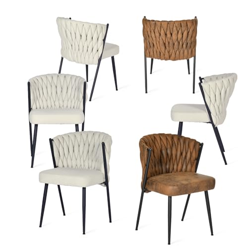 MEUBLE COSY Esszimmerstühle 6er Set mit Geflochtener Rückenlehne Küchenstuhl Polsterstuhl Sessel Bürostuhl aus Stoff und Wildleder, Metallbeine, Beige + Braun von MEUBLE COSY