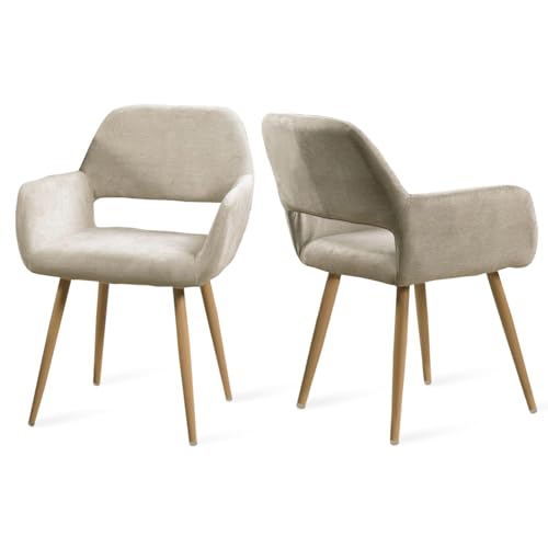 MEUBLE COSY Esszimmerstuhl 2er Stück Küchenstuhl Polsterstuhl Wohnzimmerstuhl Sessel mit Armlehne, Sitzfläche aus Stoff, Metallbeine, Beige, 56x56x78cm von MEUBLE COSY