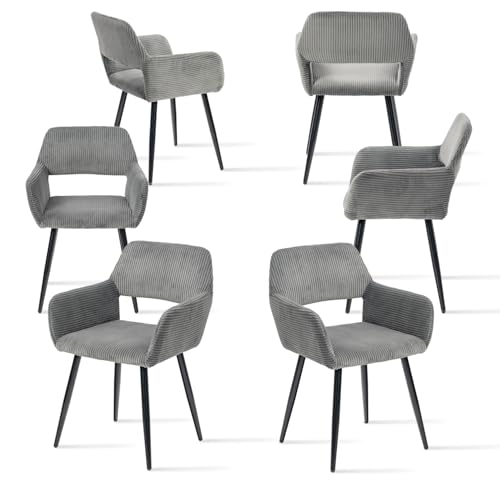 MEUBLE COSY Esszimmerstuhl 6er Set Küchenstuhl Polsterstuhl Wohnzimmerstuhl Sessel mit Armlehne, Sitzfläche aus Cordstoff, Metallbeine, Grau von MEUBLE COSY