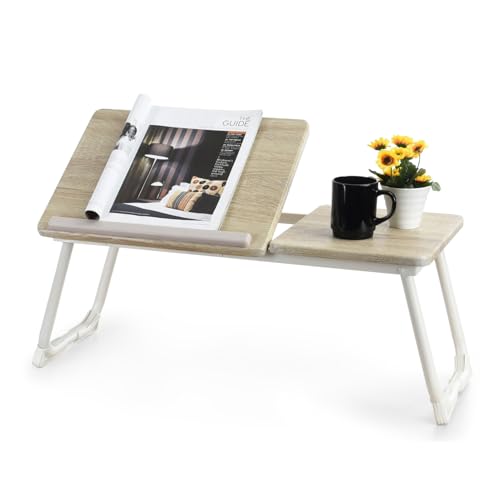 MEUBLE COSY Laptoptisch Frühstückstablett Höhenverstellbar Betttisch Laptopständer mit klappbaren Beinen für Sofa und Bett, Naturfarben + Weiß, 65x30x27.5cm von MEUBLE COSY