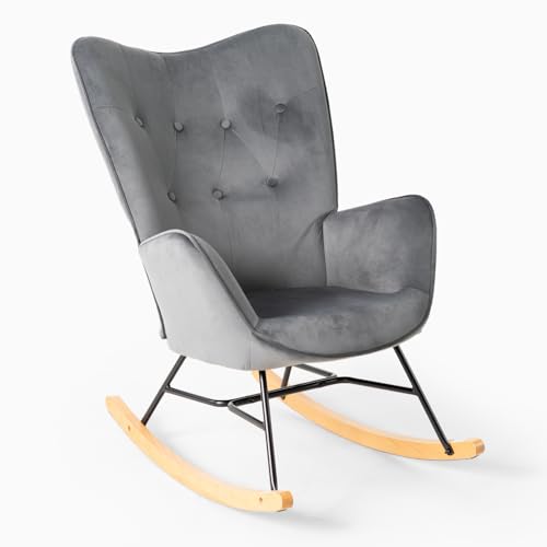 MEUBLE COSY Schaukelstuhl Sessel Schaukelsessel Stillstuhl Schwingstuhl mit Armlehnen Gepolsterter Sitzfläche für Wohnzimmer Schlafzimmer, Balkon, Samt und Holzkufen, Bis 120 kg Belastbar, Grau von MEUBLE COSY