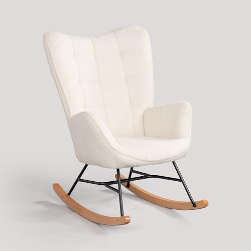MEUBLE COSY Schaukelstuhl Sessel Stillstuhl mit Armlehnen Gepolsterter Sitzfläche Schaukelsessel Relaxsessel für Wohnzimmer Schlafzimmer, Bouclé-Stoff und Holzkufen, Bis 120 kg Belastbar, Beige von MEUBLE COSY