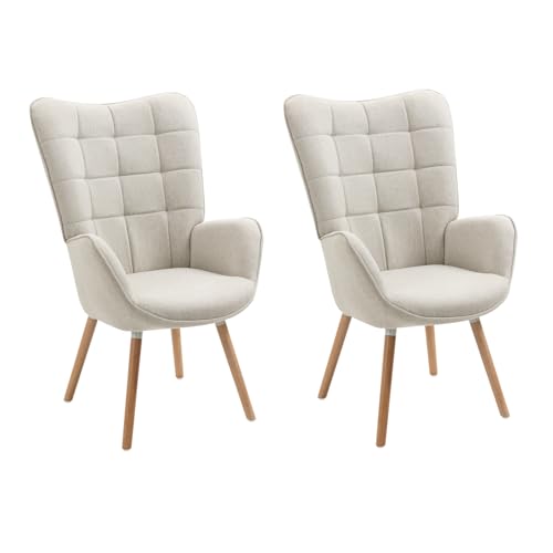 MEUBLE COSY Sessel 2er Relaxsessel Lehnstühle Polstersessel Einzelsofa mit Holzbein Ohrensessel für Wohnzimmer Schlafzimmer Büro Vanity, Stoff, Beige von MEUBLE COSY