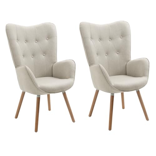 MEUBLE COSY Sessel 2er Relaxsessel Lehnstühle Polstersessel Einzelsofa mit Holzbein Ohrensessel für Wohnzimmer Schlafzimmer Büro Vanity, Stoff, Beige von MEUBLE COSY