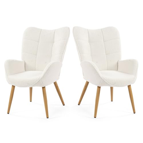 MEUBLE COSY Sessel 2er Set Relaxsessel Lehnstühle Polstersessel Einzelsofa mit Holzbein Ohrensessel für Wohnzimmer Schlafzimmer Büro Vanity, Bouclé-Stoff, Beige von MEUBLE COSY
