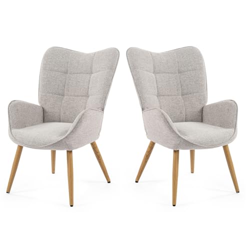 MEUBLE COSY Sessel 2er Set Relaxsessel Lehnstühle Polstersessel Einzelsofa mit Holzbein Ohrensessel für Wohnzimmer Schlafzimmer Büro Vanity, Stoff, Beige von MEUBLE COSY