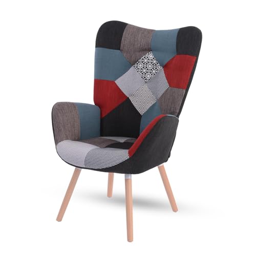 MEUBLE COSY Sessel Relaxsessel Lehnstühle Polstersessel Einzelsofa mit Holzbein Ohrensessel für Wohnzimmer Schlafzimmer Büro Vanity, Patchwork von MEUBLE COSY