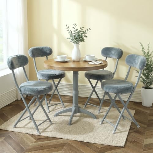 MEUBLE Cosy Esszimmerstühle 4er Set Faltbar mit Rückenlehne Küchenstuhl Polsterstuhl aus Kunstfell, Metallbeine, Grau von MEUBLE COSY