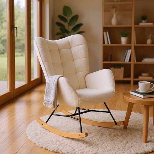 MEUBLE Cosy Relaxsessel, Bequemer Schaukelstuhl, Schaukelsessel für Wohnzimmer aus Bouclé-Stoff mit Holz und Metallfüßen von MEUBLE COSY