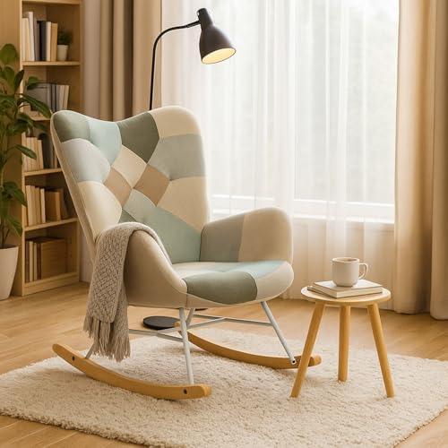 MEUBLE Cosy Relaxsessel, Bequemer Schaukelstuhl, Schaukelsessel für Wohnzimmer aus Stoff Patchwork mit Holz und Metallfüßen, Knopfdekoration MEUBLE Cosy Relaxsessel, Bequemer Schaukelstuhl, Schaukelsessel für Wohnzimmer aus Stoff Patchwork mit Holz und Metallfüßen, Knopfdekoration von MEUBLE COSY