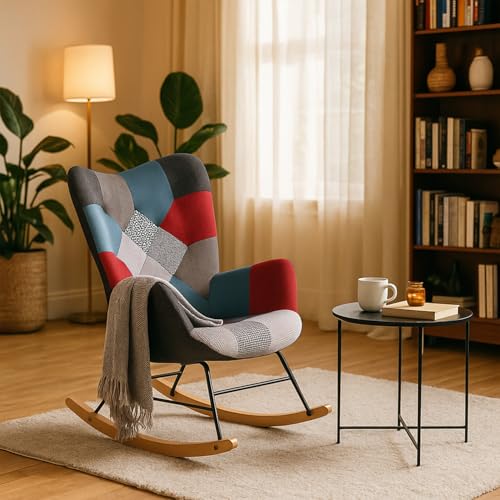 MEUBLE Cosy Relaxsessel, Bequemer Schaukelstuhl, Schaukelsessel für Wohnzimmer aus Stoff Patchwork mit Holz und Metallfüßen von MEUBLE COSY