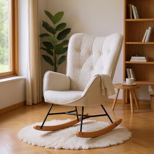 MEUBLE Cosy Relaxsessel, Bequemer Schaukelstuhl, Schaukelsessel für Wohnzimmer aus Stoff mit Holz und Metallfüßen, Knopfdekoration MEUBLE Cosy Relaxsessel, Bequemer Schaukelstuhl, Schaukelsessel für Wohnzimmer aus Stoff mit Holz und Metallfüßen, Knopfdekoration von MEUBLE COSY
