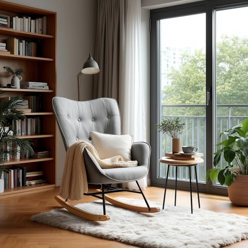 MEUBLE Cosy Relaxsessel, Bequemer Schaukelstuhl, Schaukelsessel für Wohnzimmer aus Stoff mit Holz und Metallfüßen, Knopfdekoration MEUBLE Cosy Relaxsessel, Bequemer Schaukelstuhl, Schaukelsessel für Wohnzimmer aus Stoff mit Holz und Metallfüßen, Knopfdekoration von MEUBLE COSY