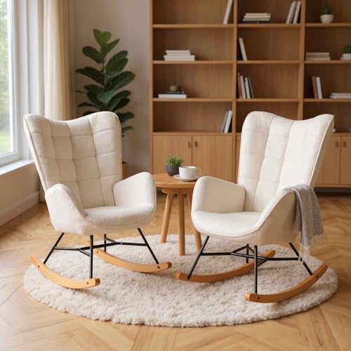 MEUBLE Cosy Schaukelstuhl 2er Set, Bequemer Relaxsessel, Schaukelsessel für Wohnzimmer aus Bouclé-Stoff mit Holz und Metallfüßen von MEUBLE COSY
