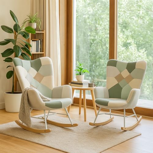 MEUBLE Cosy Schaukelstuhl 2er Set, Bequemer Relaxsessel, Schaukelsessel für Wohnzimmer aus Stoff Patchwork mit Holz und Metallfüßen, Knopfdekoration MEUBLE Cosy Schaukelstuhl 2er Set, Bequemer Relaxsessel, Schaukelsessel für Wohnzimmer aus Stoff Patchwork mit Holz und Metallfüßen, Knopfdekoration von MEUBLE COSY